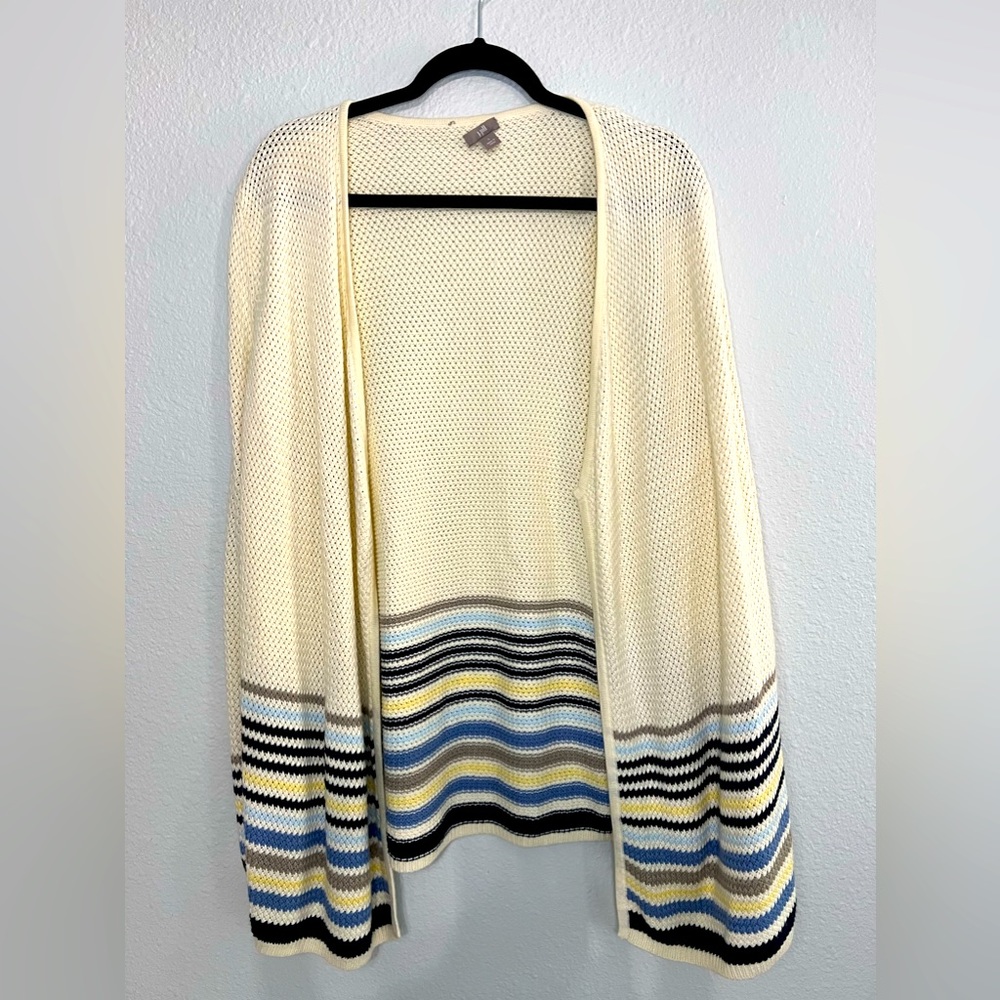 J. Jill Cardigan Open Front Cream & Blue Stripes Knit Long Sleeve Sweater L.